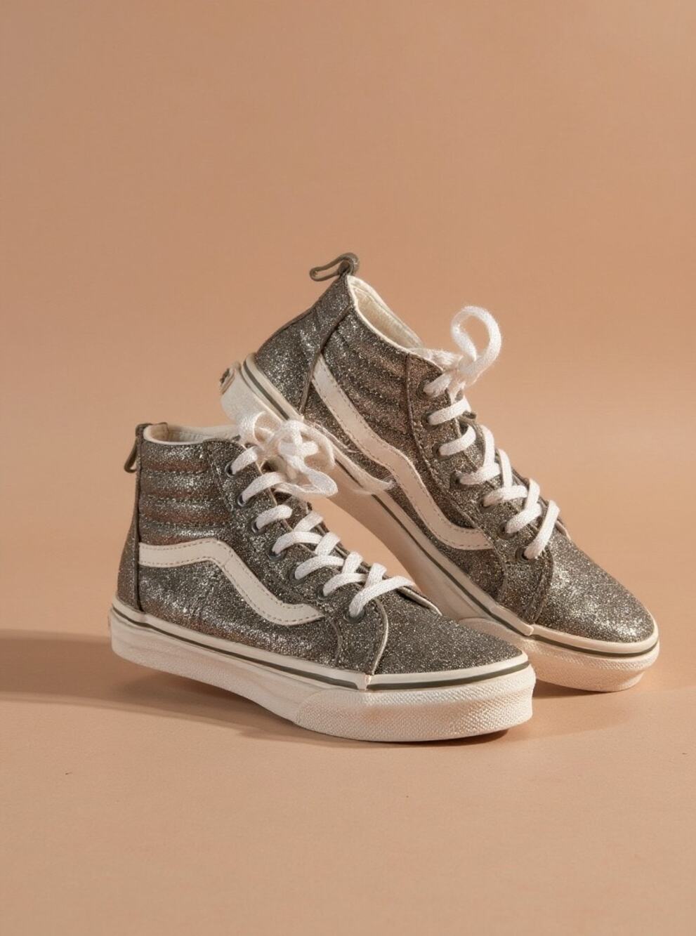 Vans Sk8-Hi Zip Gold Pewter Glitter High Tops Kids Girls Size 2